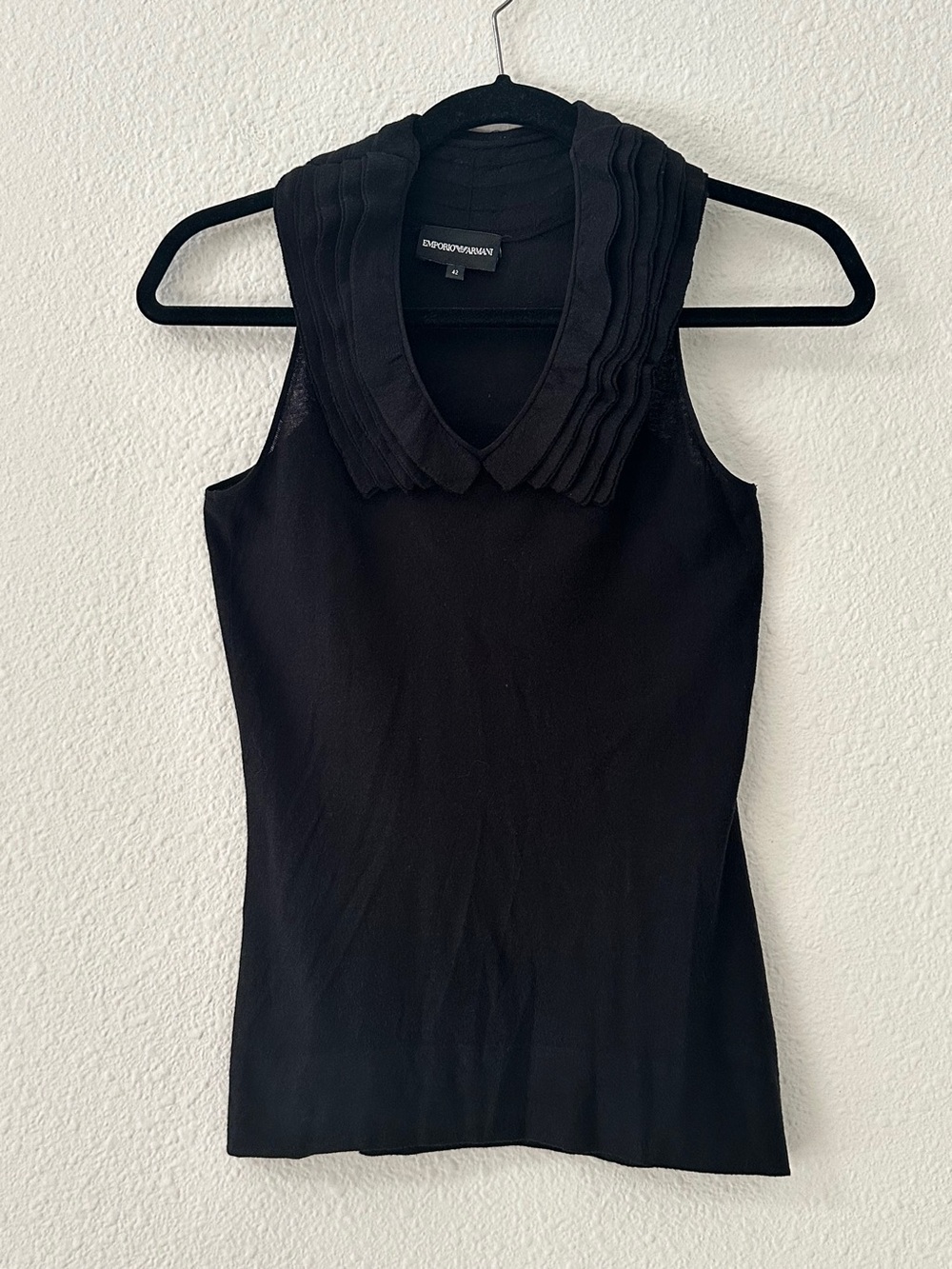 Emporio Armani Black Sleeveless Knit Top with Pleated Collar Detail